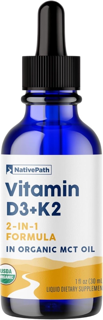 NativePath D3K2 Tincture - 1000IU Vitamin D3 and Vitamin K2 Supplement with Organic MCT Oil - 1 Fluid Ounce - Rapid Bioavailability Multi-Vitamin for Bone Strength and Total Body Wellness, 30 Servings 2