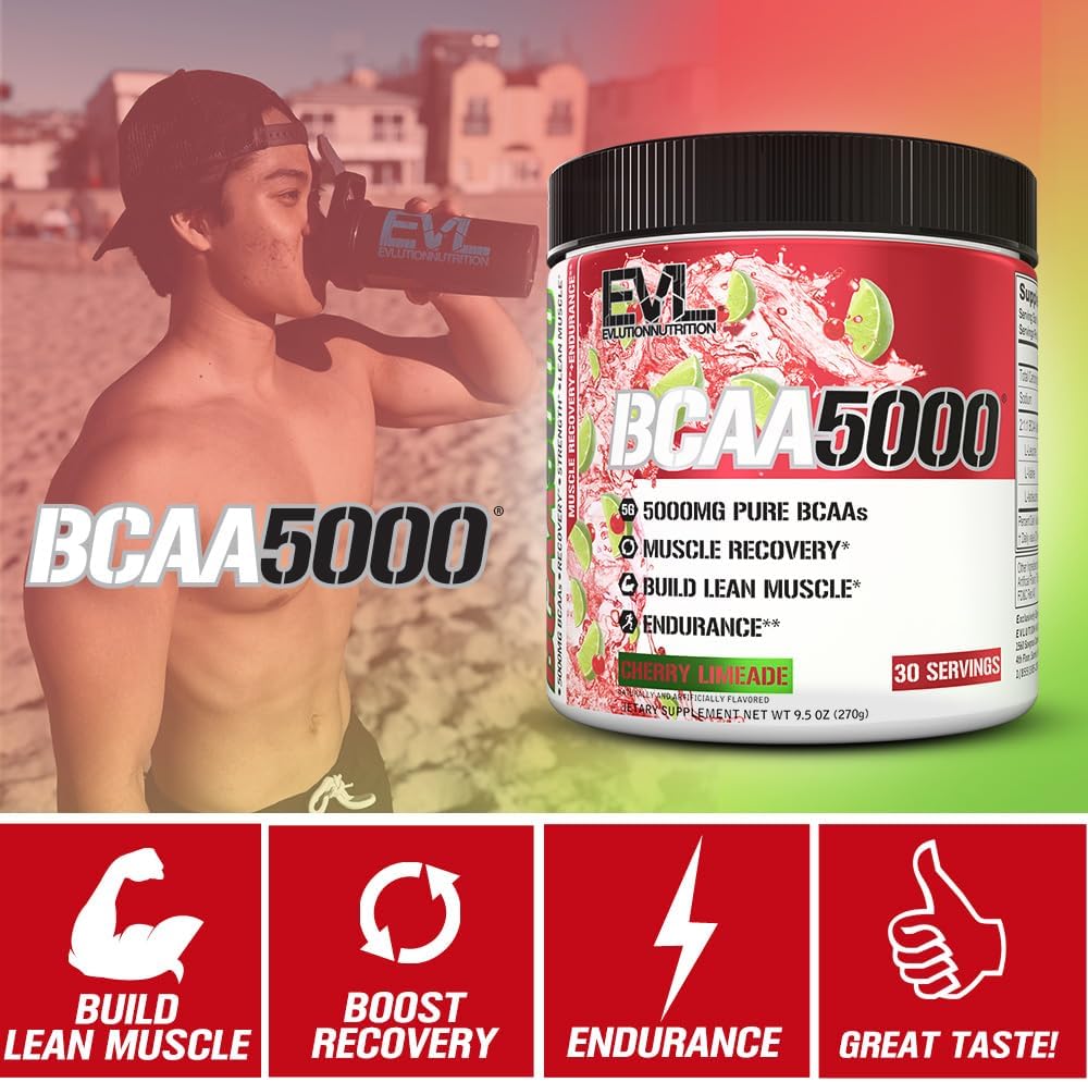 Evlution EVL BCAAs Amino Acids Powder - BCAA Powder Post Workout Recovery Drink and Stim Free Pre Workout Energy - 5g Branched Chain Amino Acids Supplement for Men - Cherry Limeade 6