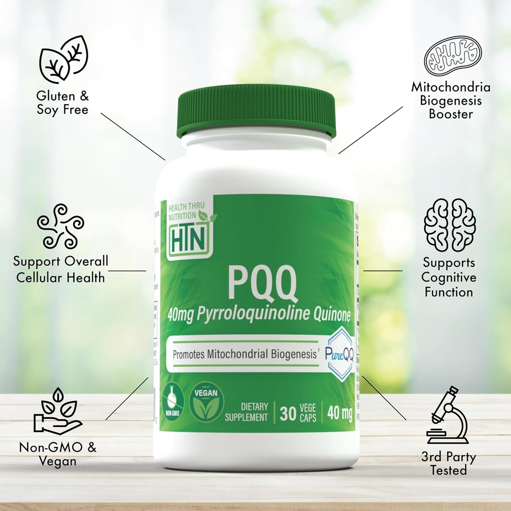 Health Thru Nutrition PQQ 40mg 30 Servings Pyrroloquinoline Quinone as PureQQ | Promotes Mitochondrial Biogenesis | Certified Vegan | Non-GMO Gluten Soy Free Capsules| Clean Label PQQ Supplement 5