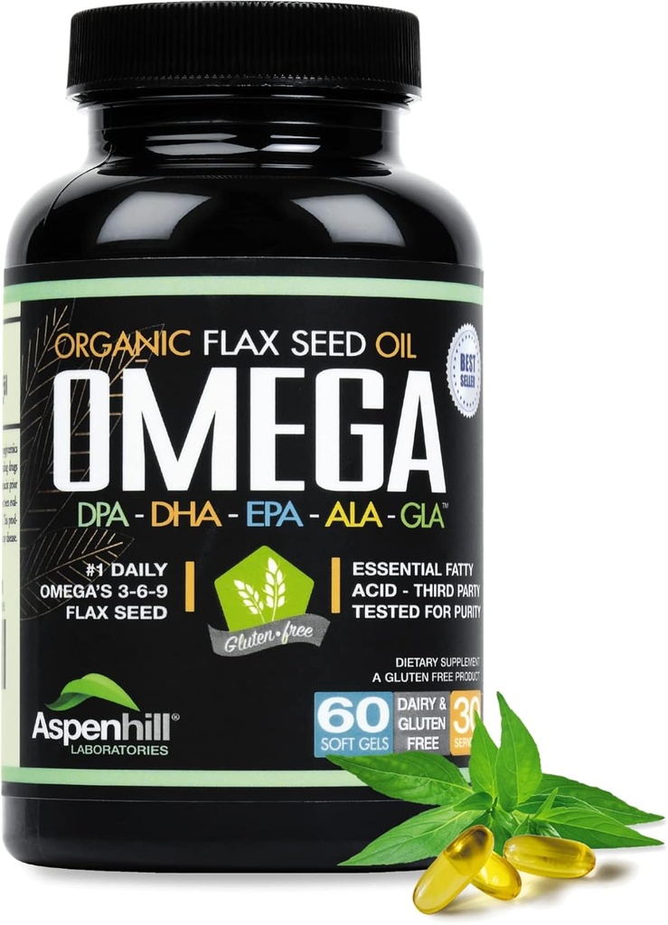 Flax Seed Oil - Omega 3 Super Blend with DPA, EPA, DHA, ALA and GLA with Fish, Borage and Organic Flax Seed Oil - Over 2,400 Milligram Strength - Gluten Free - Made in The USA - 60 SoftGels 2