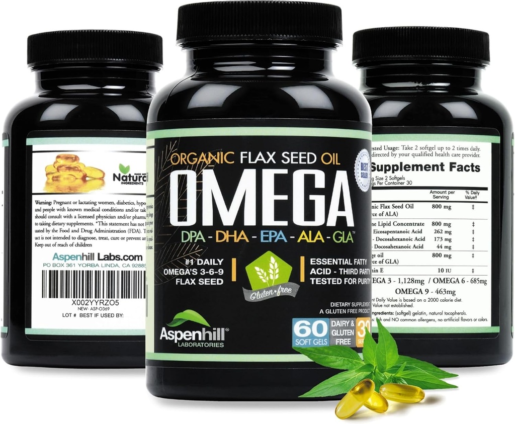 Flax Seed Oil - Omega 3 Super Blend with DPA, EPA, DHA, ALA and GLA with Fish, Borage and Organic Flax Seed Oil - Over 2,400 Milligram Strength - Gluten Free - Made in The USA - 60 SoftGels 5