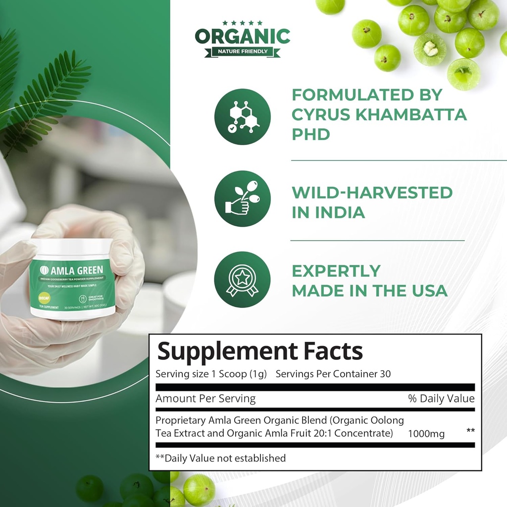 Amla Powder & Decaf Green Tea Superfood Supplement, 20x Ultra Concentrated Amla, Antioxidant Support, Made with Oolong Tea and Indian Gooseberries, Organic, Vegan, Decaf, 30 Servings 3