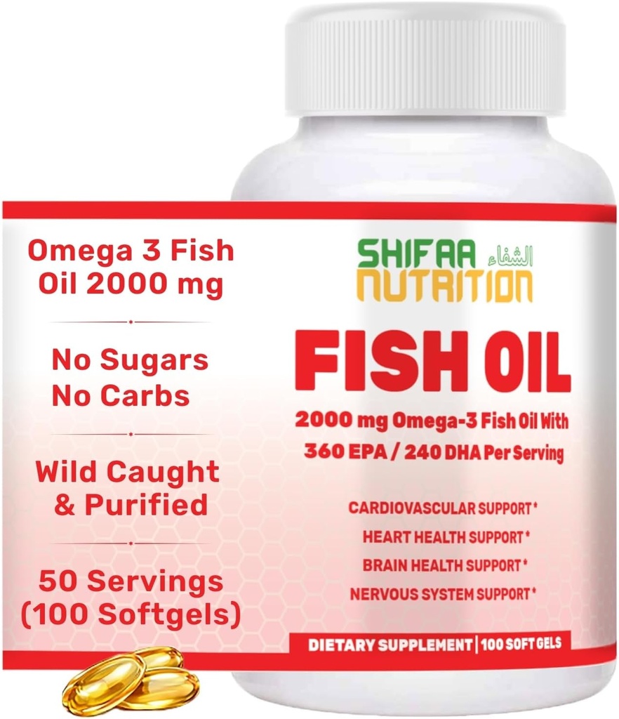 SHIFAA NUTRITION Halal Fish Oil 2000mg Softgels with 360mg EPA & 240mg DHA. 100 Wild Caught & Non-GMO Omega 3 Softgels for Heart & Brain Health. Burpless, Easy-to-Swallow Fish Oil Omega 3 Supplements 2