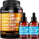 4-in-1 Liquid Biotin Collagen Keratin Saw Palmetto Drops (2 fl oz - 2 Pack) & 5-in-1 Ceylon Cinnamon w Turmeric & Ginseng Root (120ct) Bundle - Hair, Skin, Nails, & Immune Support Supplement 2