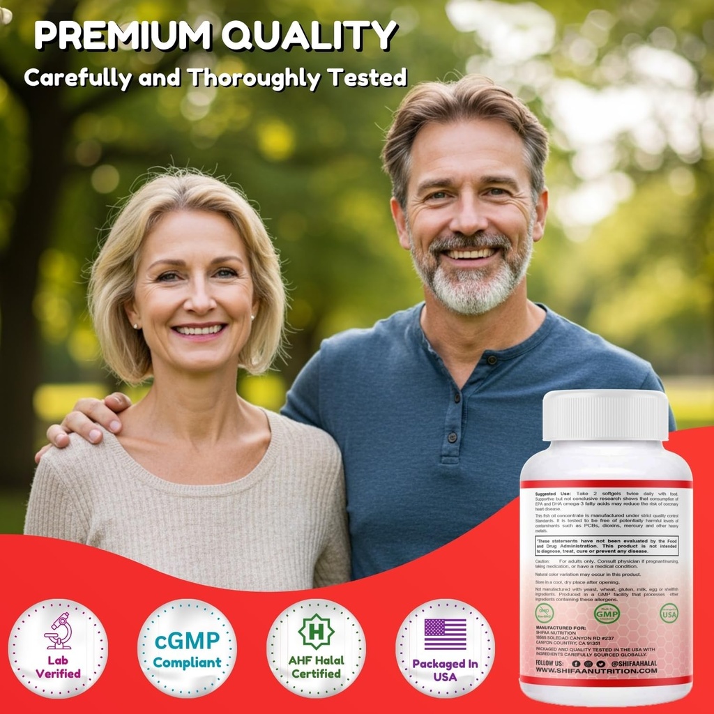 SHIFAA NUTRITION Halal Fish Oil 2000mg Softgels with 360mg EPA & 240mg DHA. 100 Wild Caught & Non-GMO Omega 3 Softgels for Heart & Brain Health. Burpless, Easy-to-Swallow Fish Oil Omega 3 Supplements 6