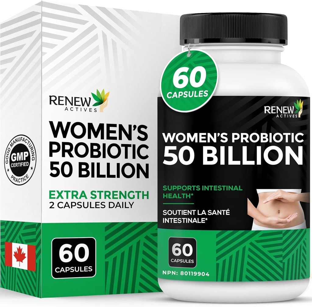 RENEW ACTIVES Probiotics for Women 50 Billion CFU per 2 Capsules – MAKTREK Technology, 4 Probiotic Strains & Prebiotic Blend– Supports Digestion Health & Gut Flora Balance– Made in Canada– 60 Capsules 2