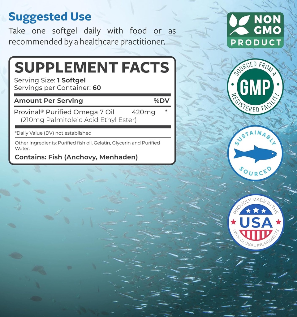 Omega 7 Supplement for Women and Men - High Potency & Purity Palmitoleic Acid Fatty Acid Fish Oil Supplement from Patented Provinal with Lowest Palmitic Acid - Sustainably Sourced (2 Month Supply) 6