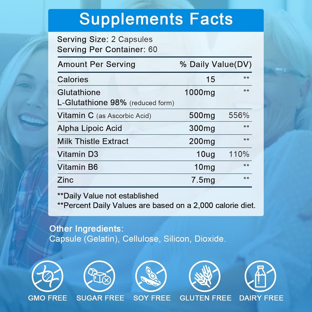 Liposomal Glutathione 1000mg, Glutathione Supplement with Milk Thistle 200mg, Alpha Lipoic Acid 300mg & Vitamin C 500mg, Immune Health Support, Liver Support, Skin Support 5