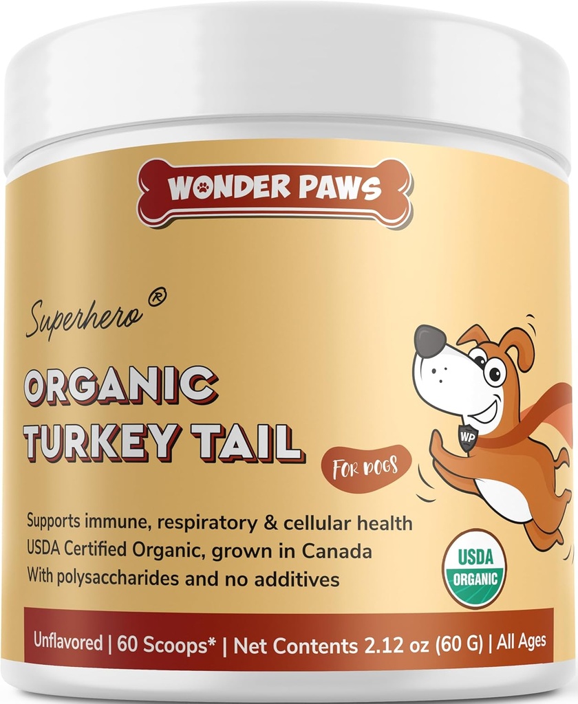 Wonder Paws Organic Turkey Tail Mushroom for Dogs – Powerful Turkey Tail for Dogs Mushroom Powder for Immunity, Respiratory, Digestion & Cellular Health–with Beta Glucans & Polysaccharides- 2.12 oz 2