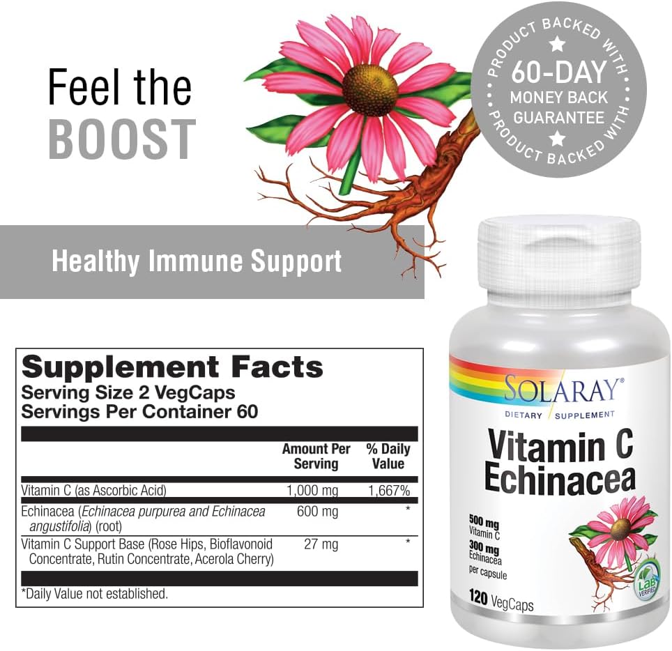 SOLARAY Vitamin C & Echinacea Root | Healthy Immune System Support w/ 500 mg VIT C & 300 mg Echinacea Per Capsule | Non-GMO & Vegan | 120 VegCaps 4