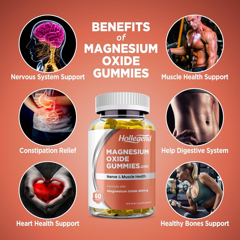 Magnesium Oxide 400mg Gummies, Magnesium Oxide Chewable Supplement for Muscle, Nerve & Heart Health, Vegan, Pinapple Flavor, 60 Count 5