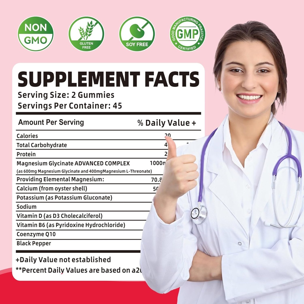 90 CT Magnesium Glycinate Gummies 1000mg - Sugar Free Magnesium Potassium Supplement with Vitamin D, B6, CoQ10 for Calm Mood & Sleep Support - 90 Raspberry Gummies 5