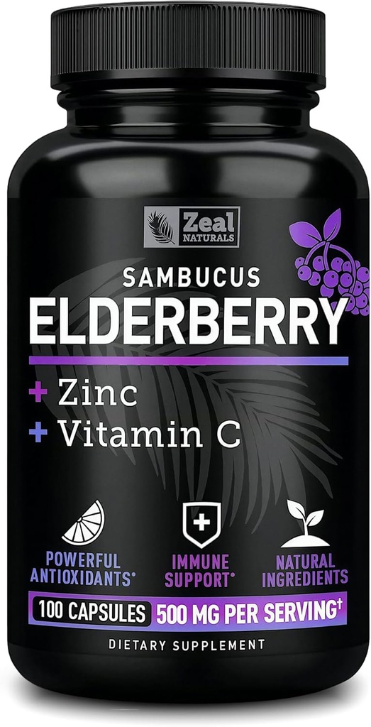 Zeal Naturals Max Strength Elderberry Capsules + Zinc + Vitamin C | 500mg for Immune System Support with Black Sambucus Elderberry | 100 Count | 3-in-1 Immune Support for Adults 2