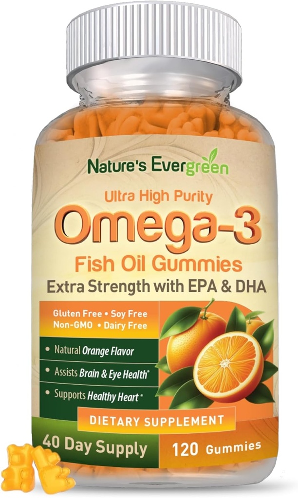 Extra Strength Omega 3 Fish Oil Gummies with DHA & EPA | Ultra High Purity Omega 3 Gummy Supplement for Healthy Heart, Joint & Brain Support | Nature's Vitamins, Orange Flavor | 120 Gummies 2