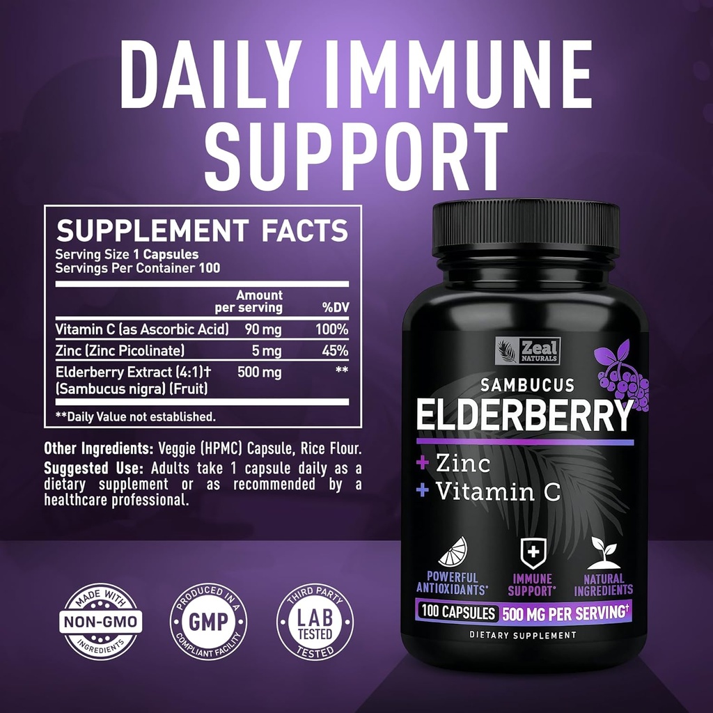 Zeal Naturals Max Strength Elderberry Capsules + Zinc + Vitamin C | 500mg for Immune System Support with Black Sambucus Elderberry | 100 Count | 3-in-1 Immune Support for Adults 3