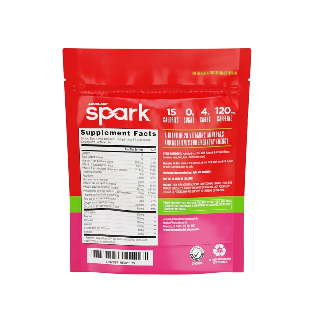AdvoCare Spark Vitamin & Amino Acid Supplement - Focus & Energy Drink Powder Mix with Vitamin A, B-6, C & E - Also Includes L-Carnitine & L-Tyrosine - Strawberry, 14 Stick Packs 3