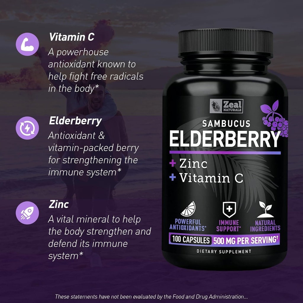 Zeal Naturals Max Strength Elderberry Capsules + Zinc + Vitamin C | 500mg for Immune System Support with Black Sambucus Elderberry | 100 Count | 3-in-1 Immune Support for Adults 4