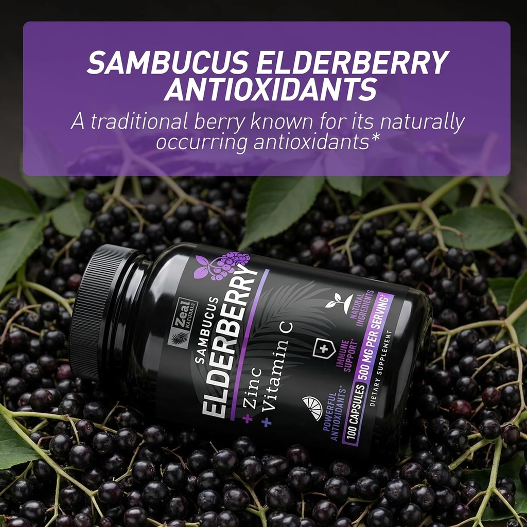Zeal Naturals Max Strength Elderberry Capsules + Zinc + Vitamin C | 500mg for Immune System Support with Black Sambucus Elderberry | 100 Count | 3-in-1 Immune Support for Adults 5