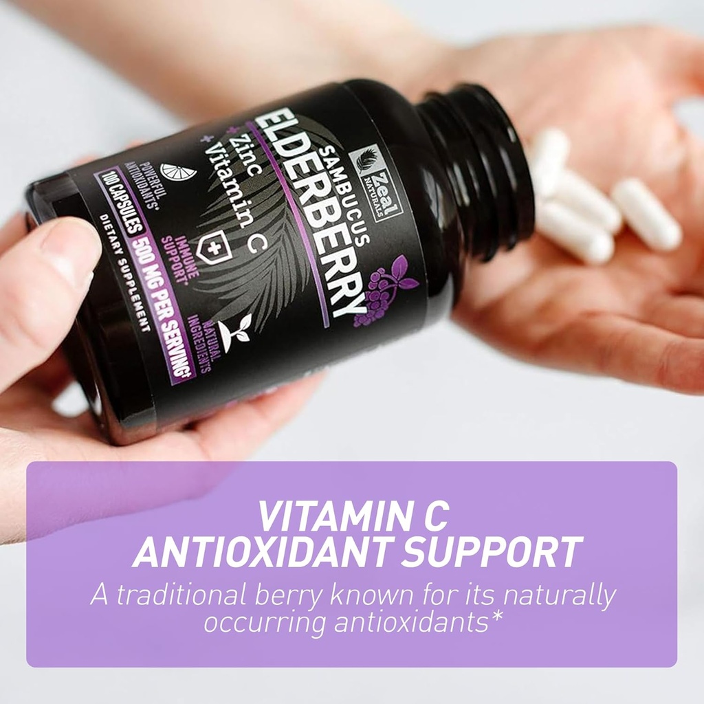 Zeal Naturals Max Strength Elderberry Capsules + Zinc + Vitamin C | 500mg for Immune System Support with Black Sambucus Elderberry | 100 Count | 3-in-1 Immune Support for Adults 6