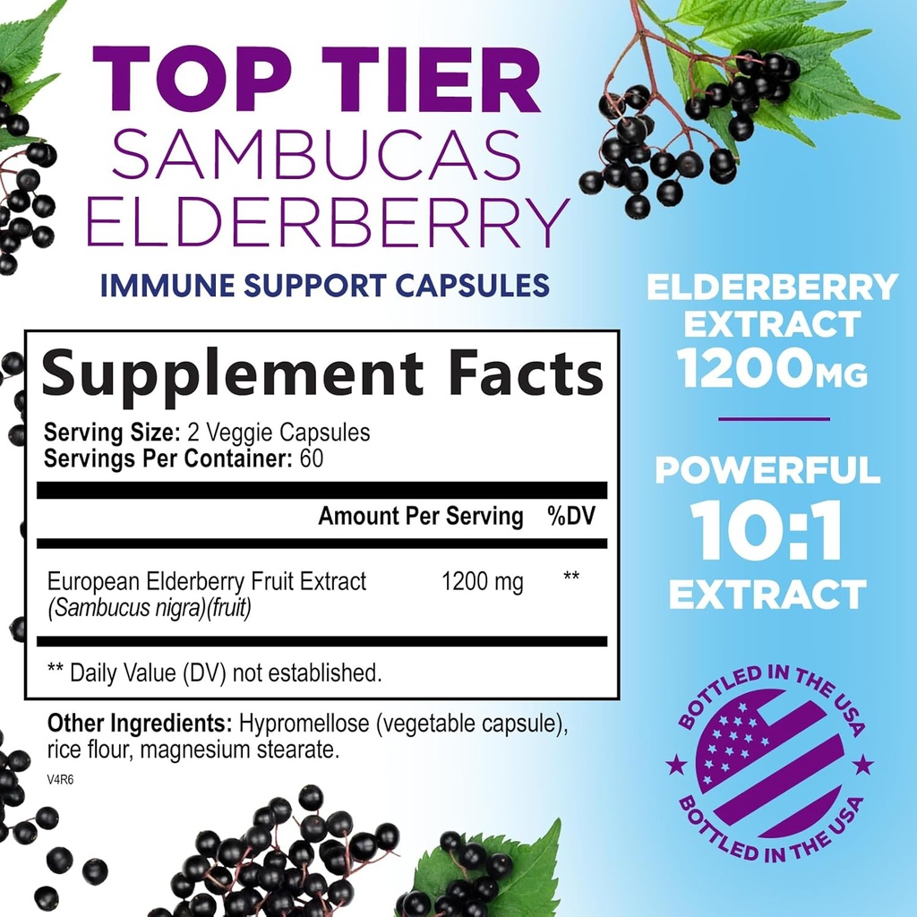 Elderberry Immune Support 1200mg - Daily Immune Support for Adults with Concentrated Sambucus Black Elderberry Extract - Antioxidant Vitamin Supplement, Gluten Free, Bottled in USA - 120 Capsules 3