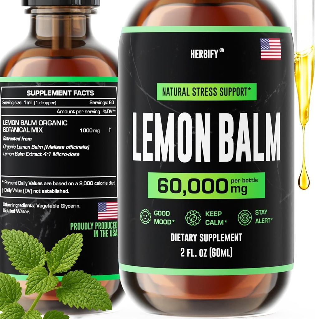 HERBIFY Lemon Balm Tincture - Melissa Officinalis Leaf Liquid Extract - Brain Support and Mood Boost - Lemon Balm Drops for Immune & Cognitive Support - 2 Fl oz 2