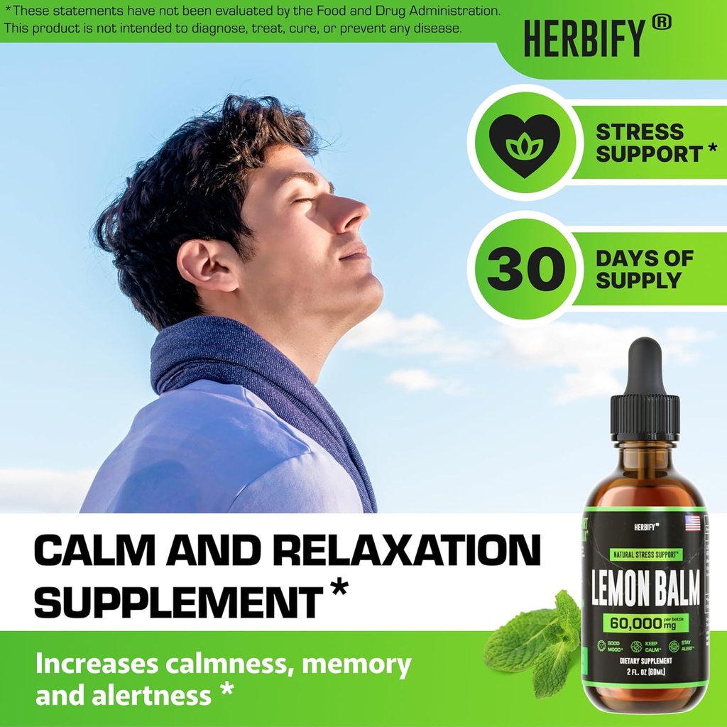 HERBIFY Lemon Balm Tincture - Melissa Officinalis Leaf Liquid Extract - Brain Support and Mood Boost - Lemon Balm Drops for Immune & Cognitive Support - 2 Fl oz 3