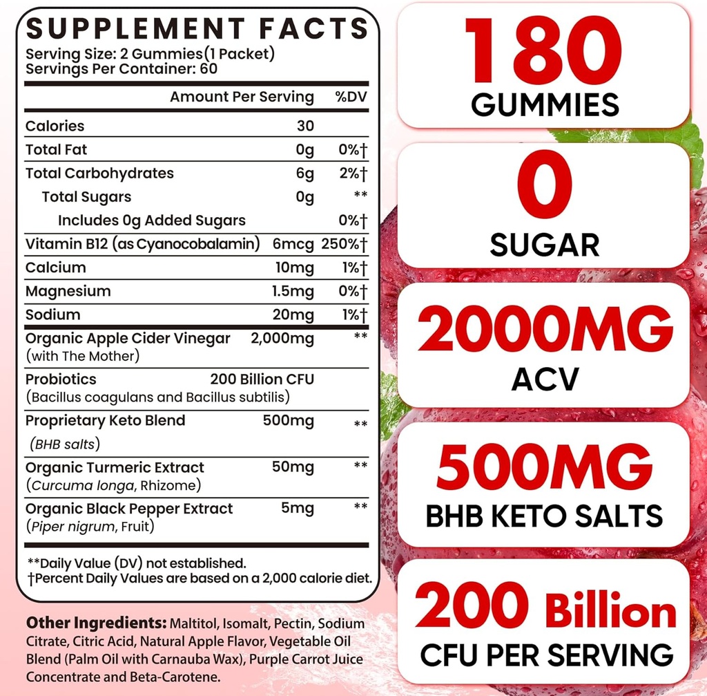 Apple Cider Vinegar Gummies, Advanced ACV Gummy with Probiotics, BHB, B12 and Keto Support - Keto Acv Gummies for Detox, Metabolism, Digestion, Gut & Immune Health - Sugar Free, Vegan, 180 Counts 3