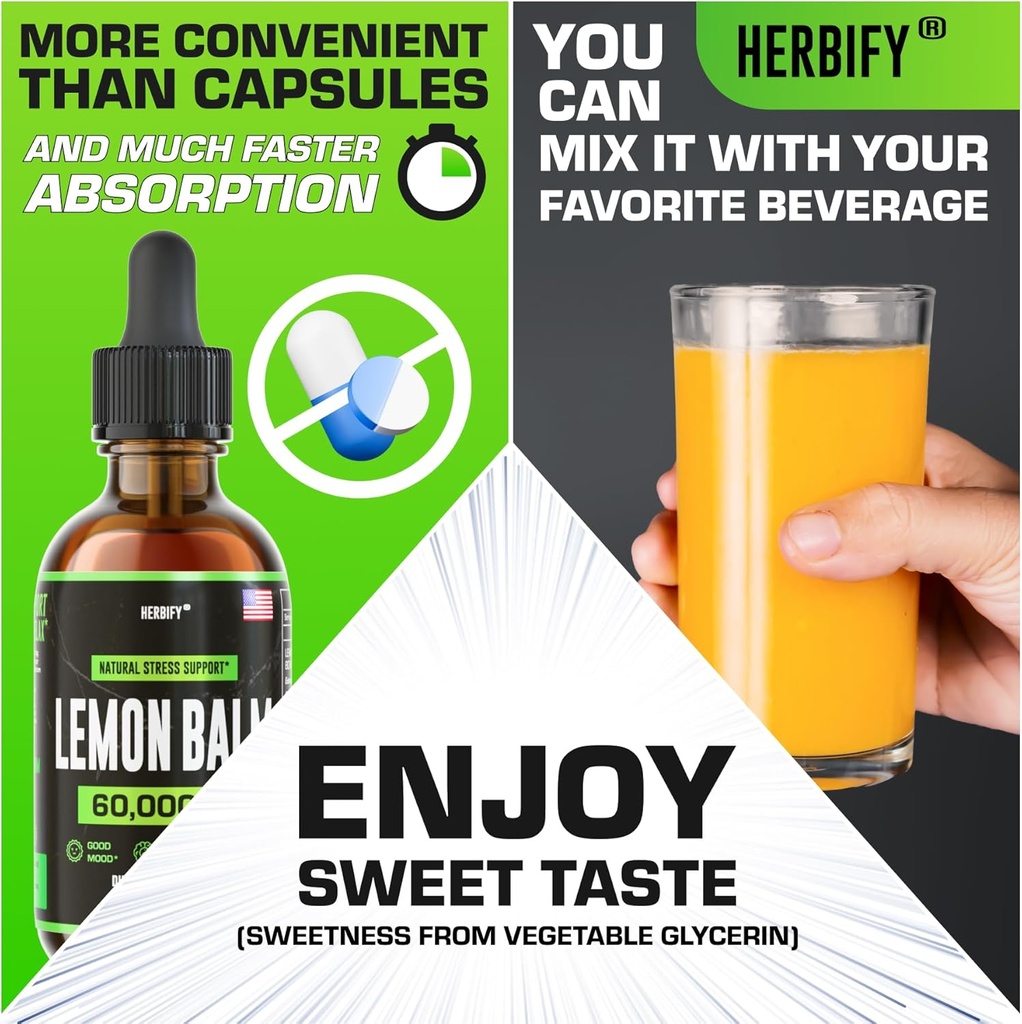 HERBIFY Lemon Balm Tincture - Melissa Officinalis Leaf Liquid Extract - Brain Support and Mood Boost - Lemon Balm Drops for Immune & Cognitive Support - 2 Fl oz 6