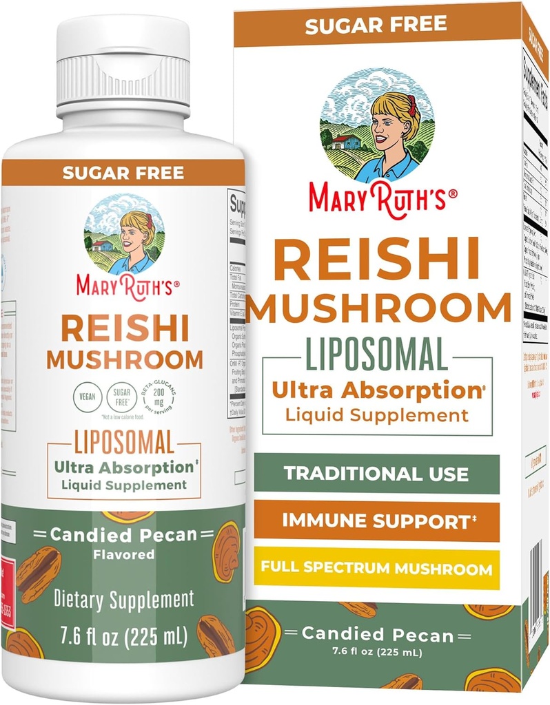 MaryRuth Organics Reishi Vegan Mushroom Supplement | Ultra Absorption Liposomal | Immune Support with 200mg Beta-Glucans, Vegan |Full Spectrum Reishi Mushrooms Fruiting Body | 7.6 oz, 2