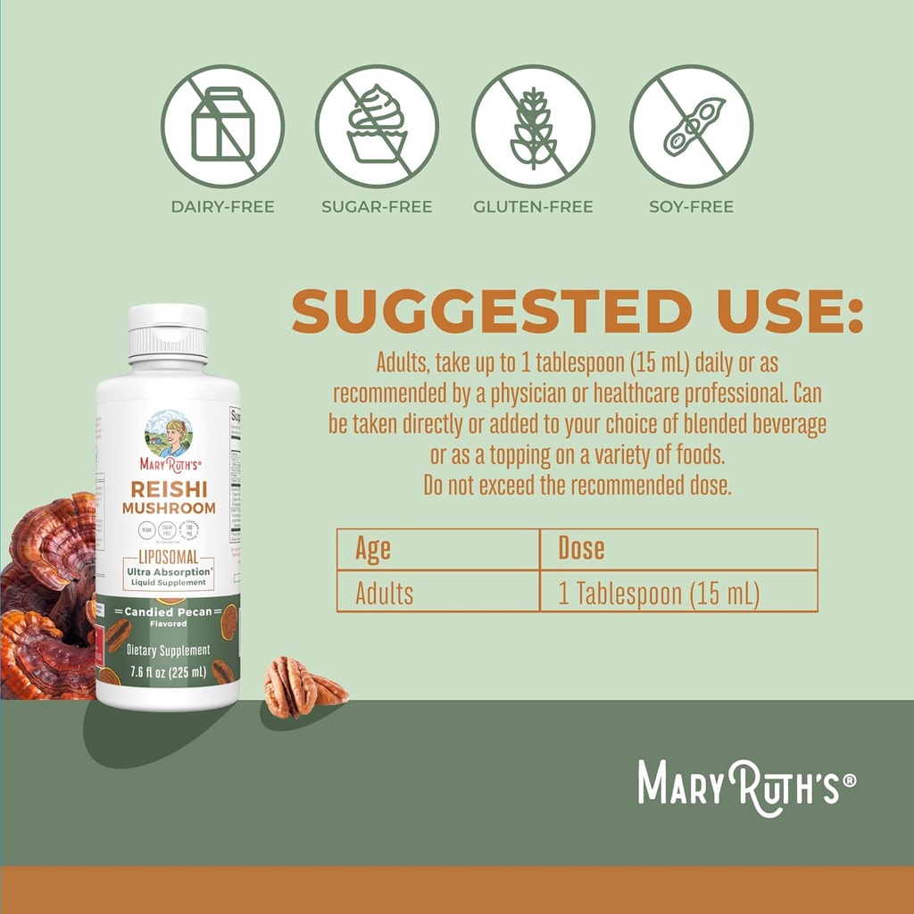 MaryRuth Organics Reishi Vegan Mushroom Supplement | Ultra Absorption Liposomal | Immune Support with 200mg Beta-Glucans, Vegan |Full Spectrum Reishi Mushrooms Fruiting Body | 7.6 oz, 4