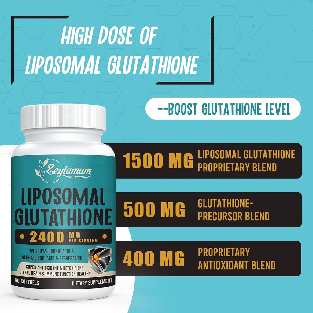 2400 MG Liposomal Glutathione Softgels, Max Absorption, Active Form L-Glutathione Reduced (GSH), with Hyaluronic Acid, Resveratrol, Master Antioxidants for Detox, Brain, Immune System, 480 Softgels 4