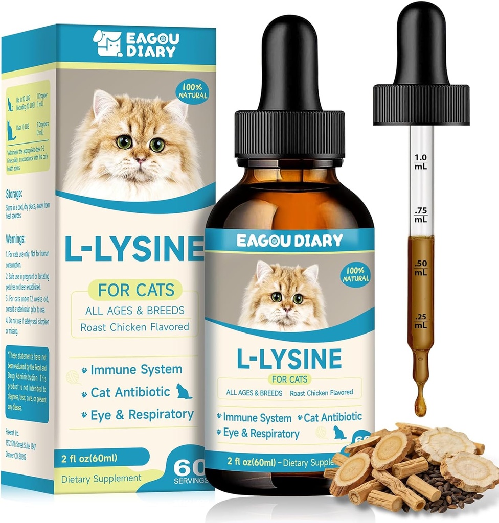 L-Lysine for Cats,Lysine Drops Immune Support Supplement,Sneezing,Cold,Allergy Relief,Runny Nose,Feline Respiratory,Natural Antibiotics for Cats with Colostrum,Taurine (Roast Chicken Flavor/2floz) 2