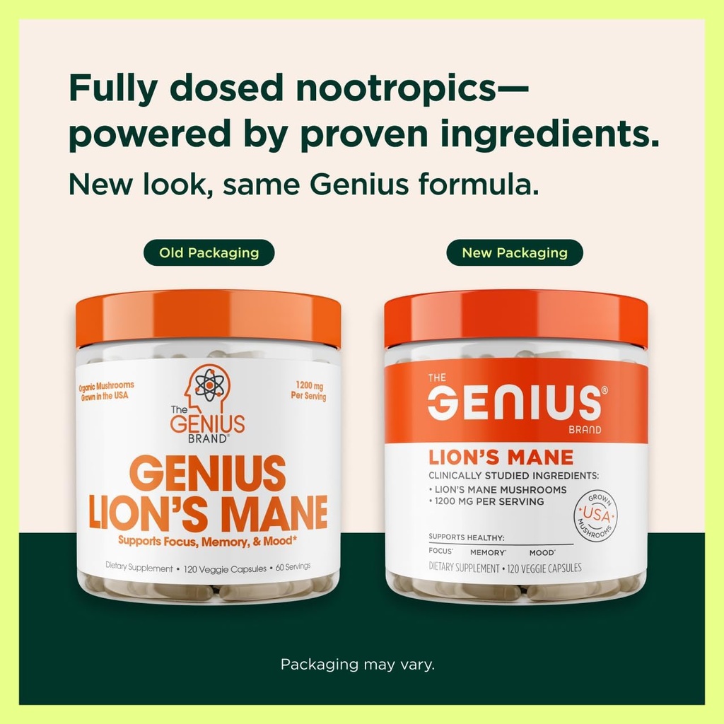 The Genius Brand Genius Lion's Mane - Plant-Based Supplement for Memory, Focus & Mood Support - Organic & Non-GMO - 120 Veggie Capsules 3
