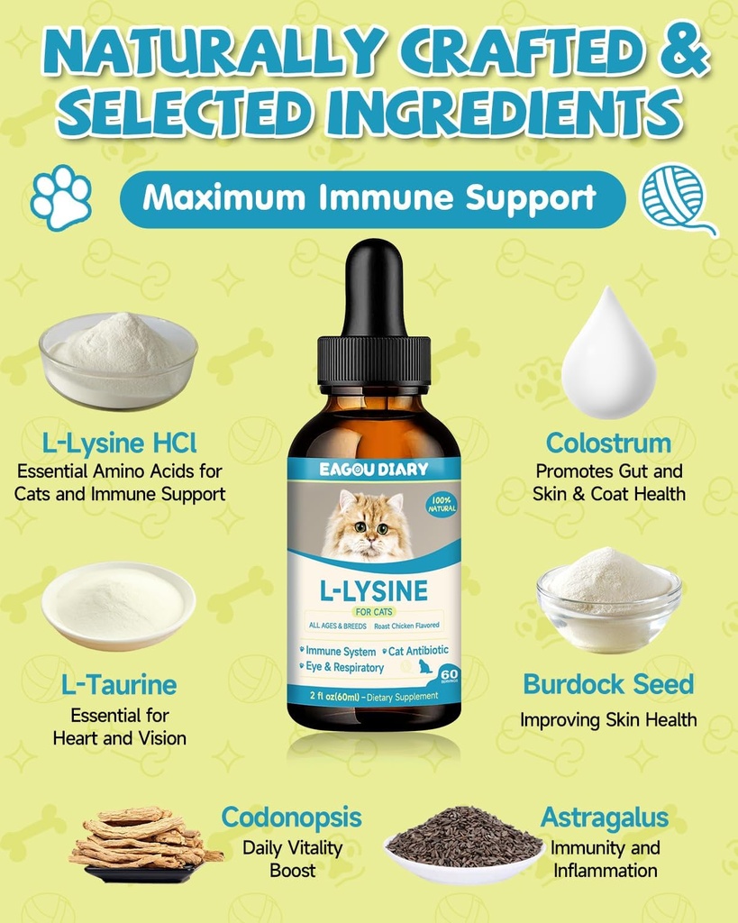 L-Lysine for Cats,Lysine Drops Immune Support Supplement,Sneezing,Cold,Allergy Relief,Runny Nose,Feline Respiratory,Natural Antibiotics for Cats with Colostrum,Taurine (Roast Chicken Flavor/2floz) 6