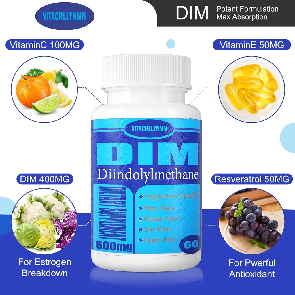 DIM Supplement 600mg Estrogen Blocker for Men & Women - Hormone,Estrogen Balance, Menopause, PCOS, Acne and Skin Care 60 Capsule 5