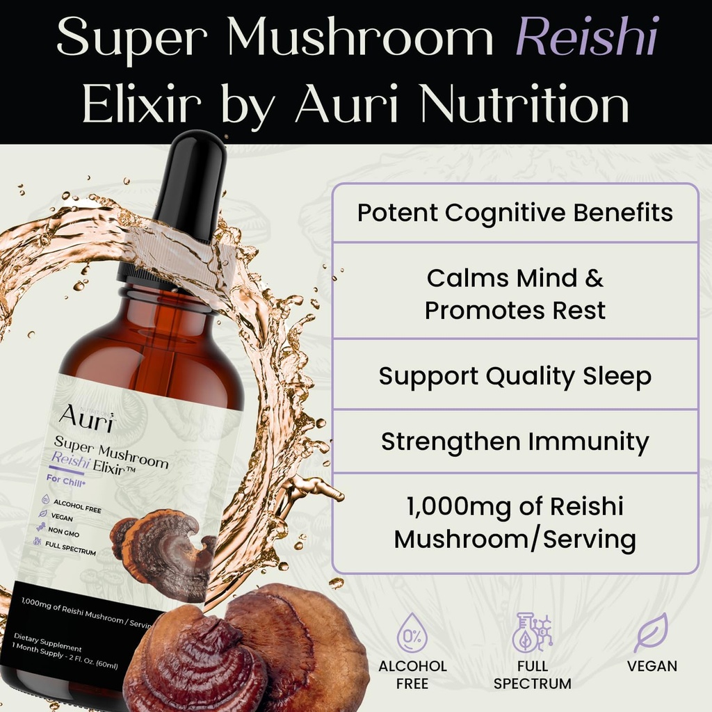 Auri Reishi Super Mushroom Elixir - Immune Booster and Stress Support Supplement to Achieve Deeper Sleep - Reishi Tincture 60ml 3