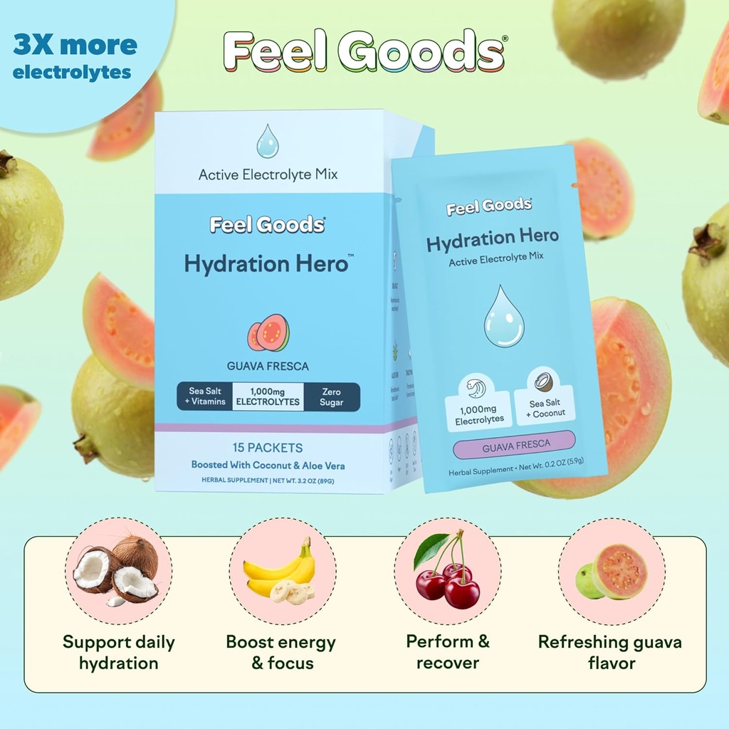 Feel Goods Hydration Hero, 1,000mg Electrolytes Powder, Sugar Free, Magnesium, Organic Aloe Vera, L Theanine, Vitamin C & B12, Keto, Vegan, Electrolyte Packets, Blue Raspberry, 15 Count 3