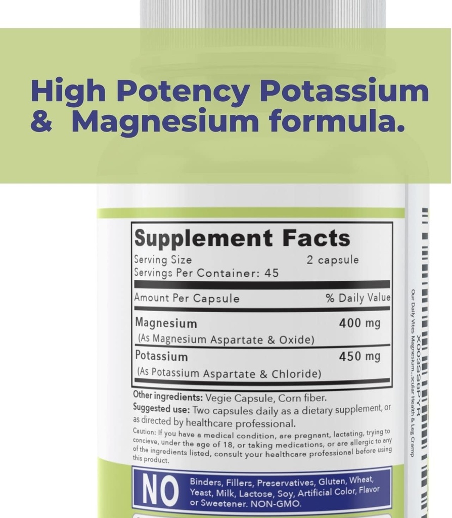 Our Daily Vites Magnesium Potassium Complex 90 Capsules Supplement High Absorption Magnesium Aspartate Oxide Support Vascular Health & Leg Cramp Potassium Aspartate Chloride 3