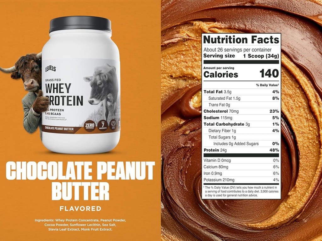 Levels Grass Fed Whey Protein Powder, No Artificials, 24G of Protein, Chocolate Peanut Butter, 2LB 4