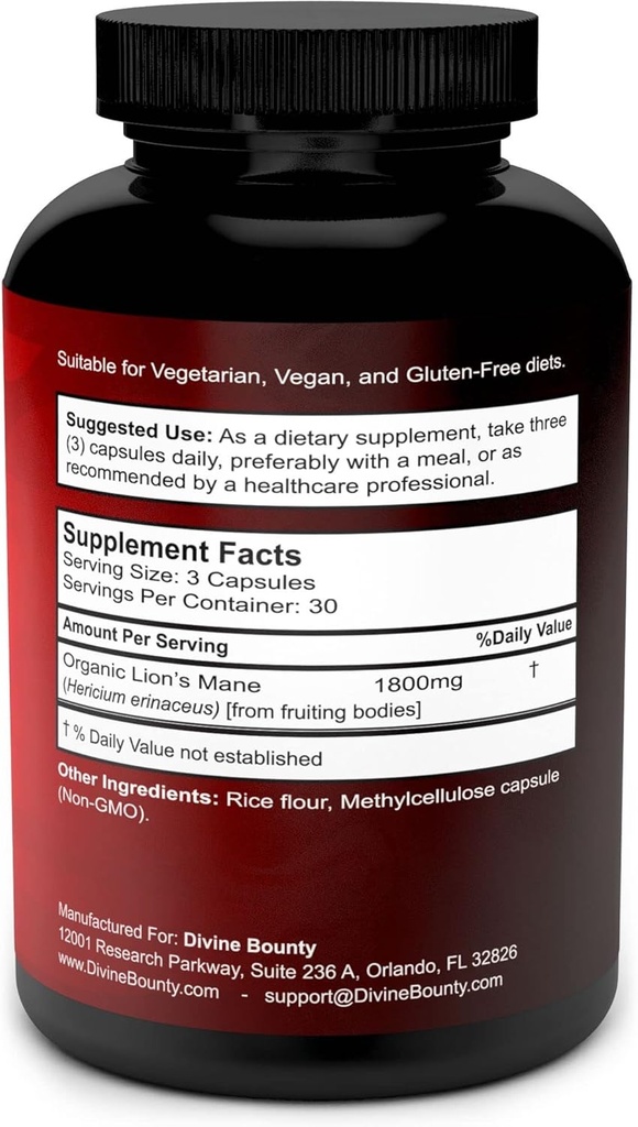 Organic Lions Mane Mushroom Capsules - 1800mg Strongest Lion's Mane Mushroom Supplement - Non-GMO Lions Mane Extract Powder - Nootropic Brain Supplement - Brain & Immune Support - 90 Vegetarian Caps 3