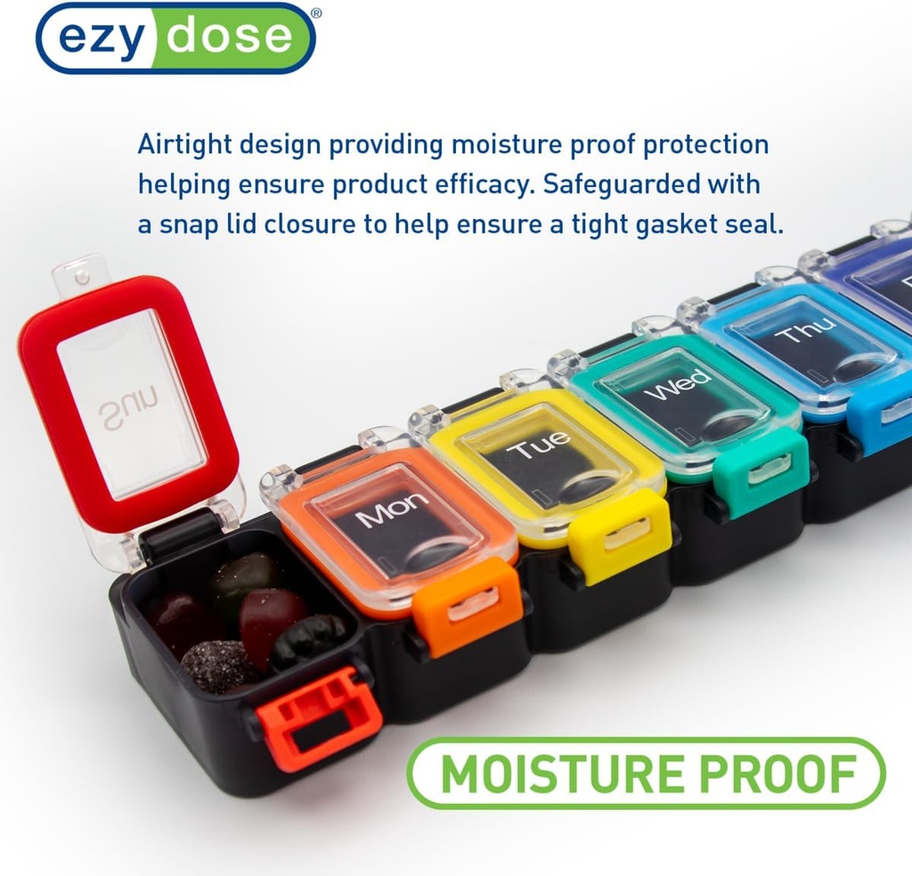 EZY DOSE Weekly (7-Day) Daily Pill Planner, Medicine Case, Vitamin Organizer Container, Waterproof Locking Compartments to Secure Prescription Medication and Prevent Accidental Spilling, Rainbow 5