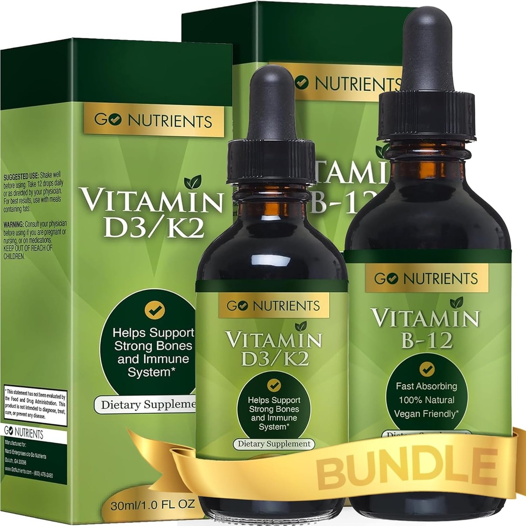 Go Nutrients Vitamin B12 & Vitamin D3 w/K2 Liquid Drops Bundle | Liquid Vitamin B12 Drops, 2oz | Liquid Vitamin D3 Drops, 1oz | No GMO’s, No Preservatives 2