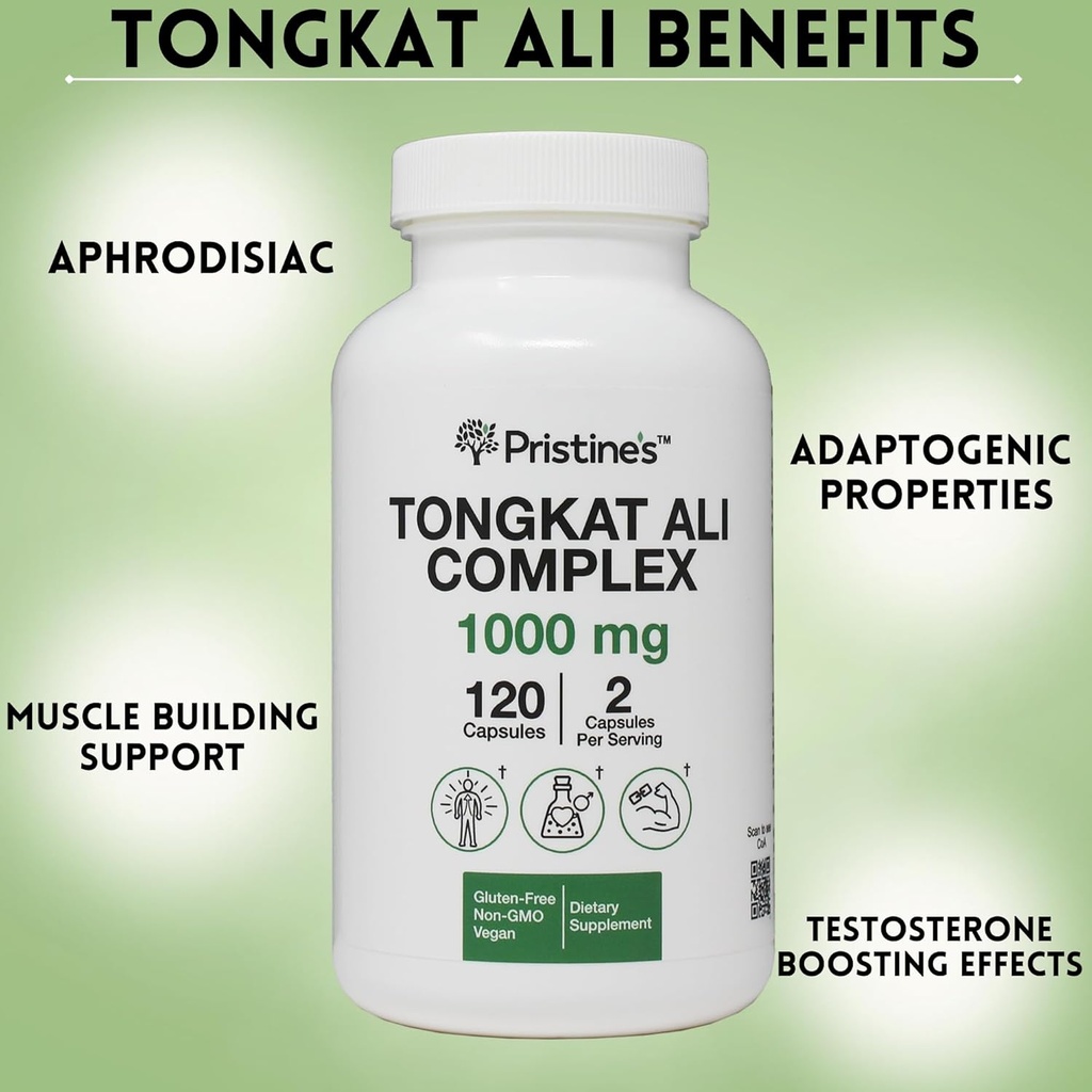 PRISTINE'S Tongkat Ali Capsules - 1000MG 60 Day Supply - Athletic Performance Support - Lean Mass Muscle Building Herbal Supplement for Men & Women - Vegan, Gluten Free, Non GMO 4