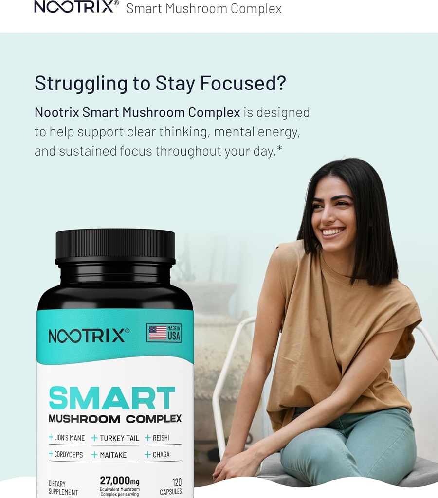 Nootrix Smart Mushrooms Complex Supplement | Supports Memory, Mental Focus, Cognitive Health & Energy | 27,000mg Organic Mushrooms | Lions Mane, Reishi, Cordyceps, Chaga & Turkey Tail | 240 Capsules 3