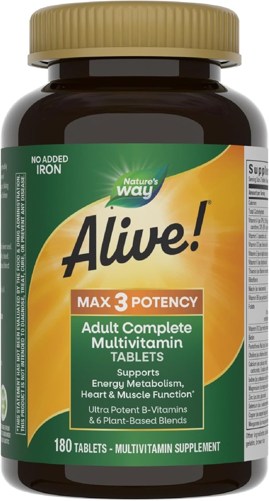 Nature's Way Alive! Max3 Potency Adult Complete Multivitamin, High Potency B-Vitamins to Support Energy Metabolism*, with Methylated B12 and Folate, No Added Iron, 180 Tablets 2