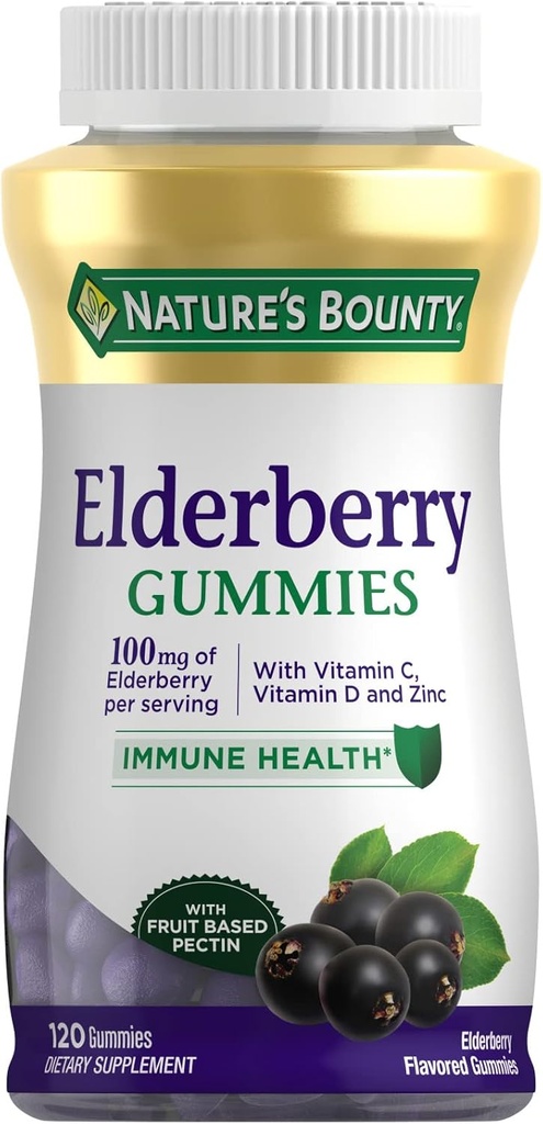 Nature's Bounty Elderberry Gummies, Dietary Supplement, Supports Immune Health, Contains Vitamin A, C, D, E and Zinc, 100 mg, 120 Gummies 2