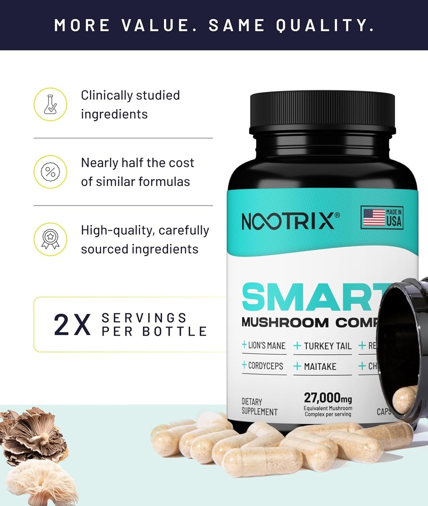 Nootrix Smart Mushrooms Complex Supplement | Supports Memory, Mental Focus, Cognitive Health & Energy | 27,000mg Organic Mushrooms | Lions Mane, Reishi, Cordyceps, Chaga & Turkey Tail | 240 Capsules 6