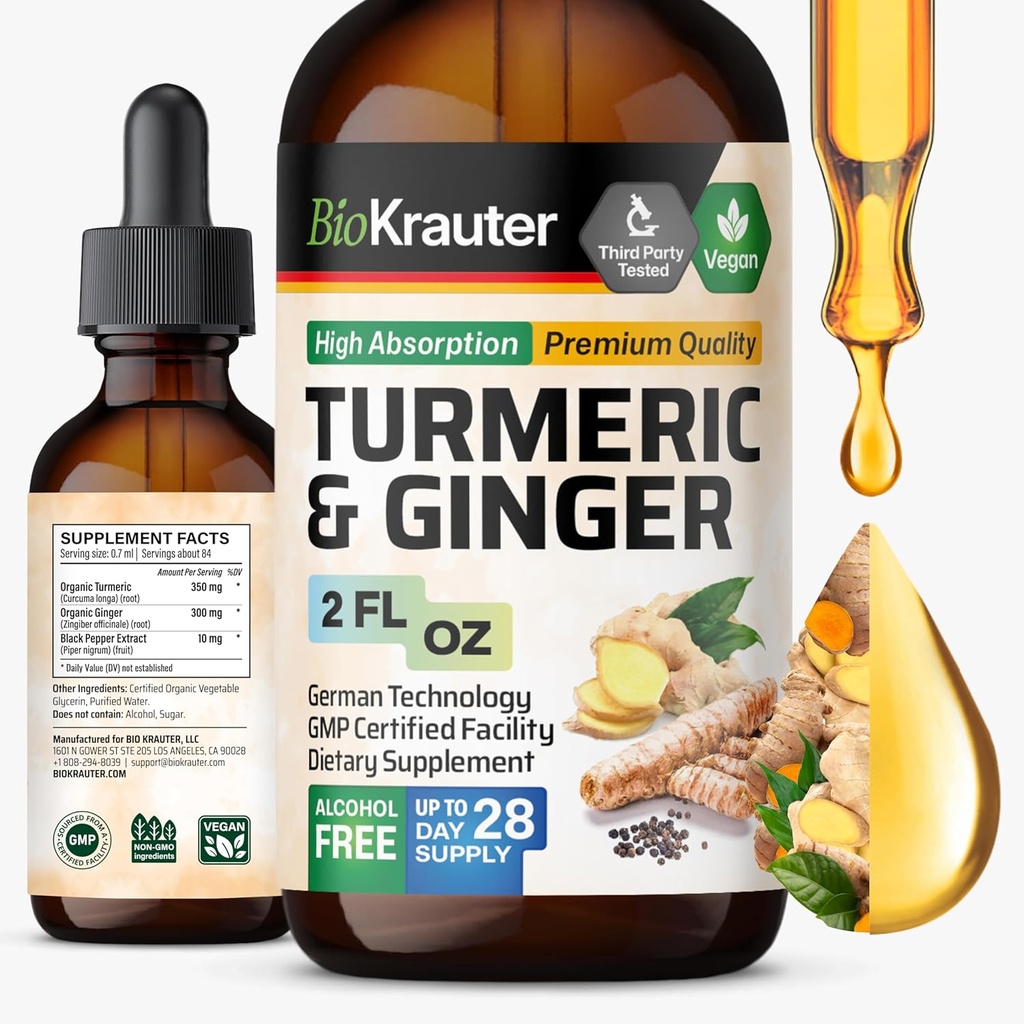 BIO KRAUTER Turmeric and Ginger Supplement Tincture - Turmeric Curcumin Immune Support Drops - Ginger Extract with Black Pepper - Vegan Formula - 2 Fl.Oz. 2