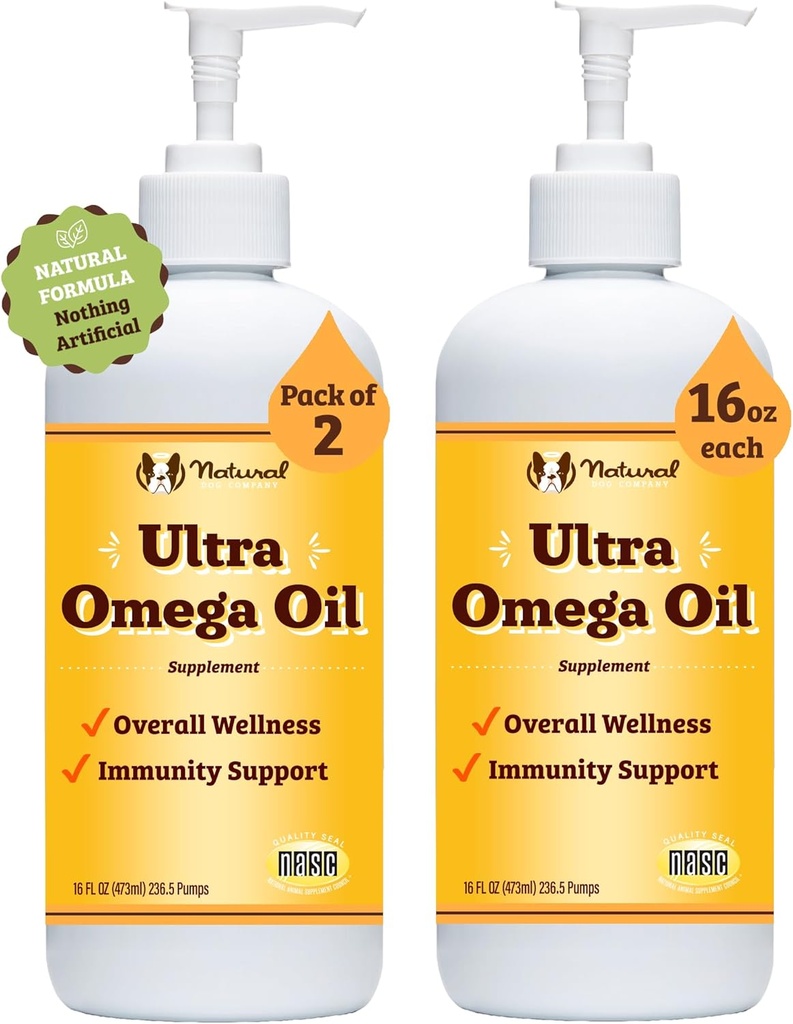 Natural Dog Company 16 oz. -2 Pack Ultra Omega 3 Fish Oil for Dogs, Dog Fish Oil Supplement for Shedding, Itch Relief, Salmon Oil for Dogs, for Multi Dog Families or Large Breed Dogs, 32 oz Value 2