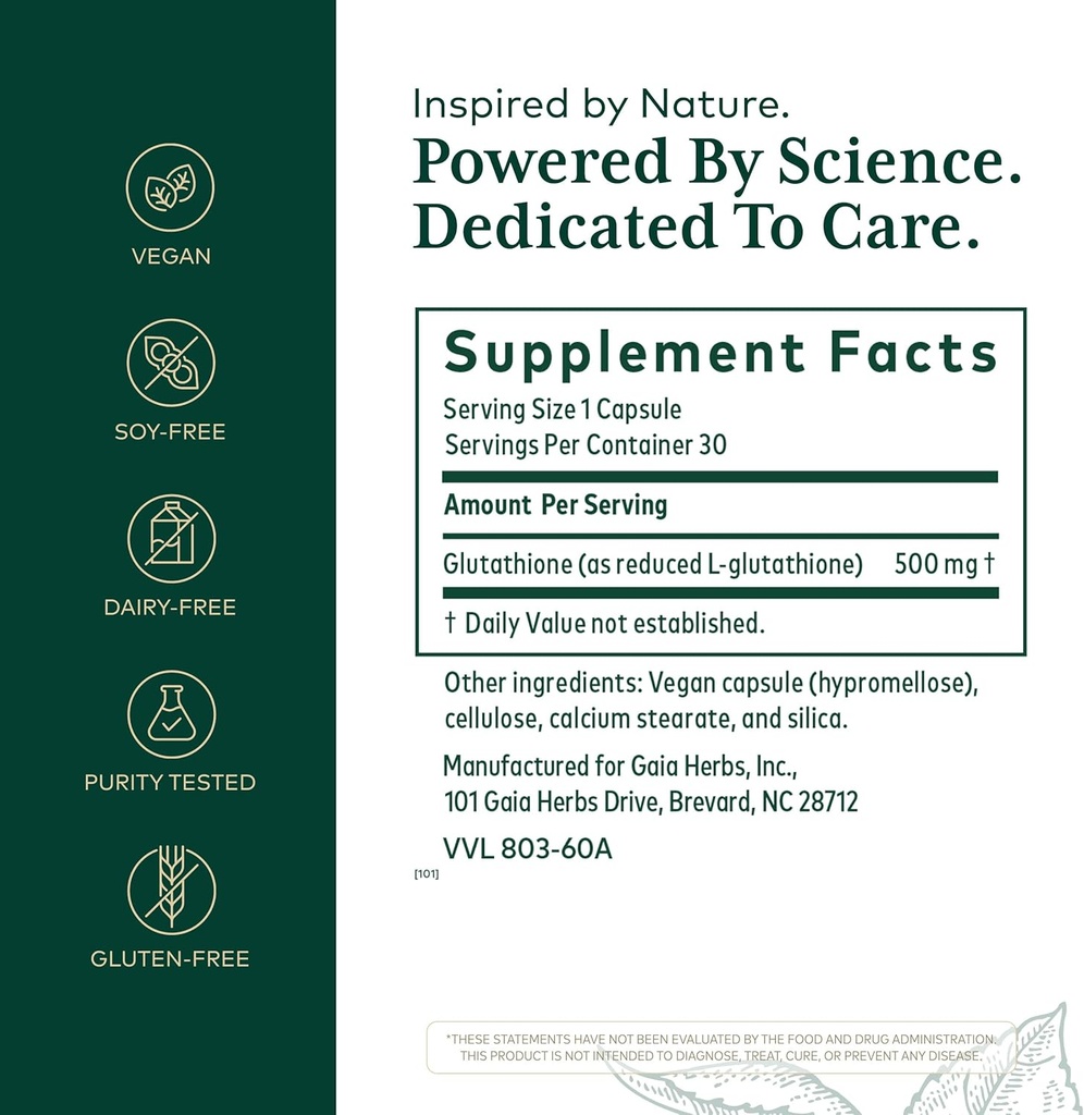 GAIA HERBS PRO Glutathione 500 - Antioxidant Supplement Supports Cellular Health* - Supplement with Glutathione for Men & Women - Vegan, Gluten-Free, Soy-Free - 30 Capsules (30 Servings) 3